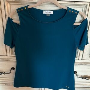Calvin Klein Sunny Shoulder Short Sleeve Dark Teal Top / Gold Accent Buttons S